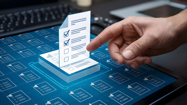 Modern professional interacting with digital checklist interface, confirming tasks on futuristic data dashboard for efficient workflow and project management.