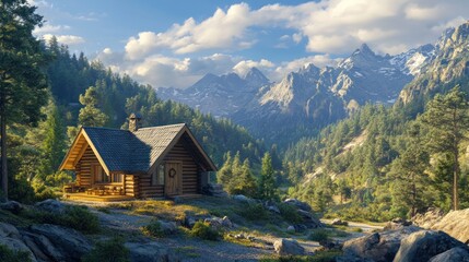 Fototapeta premium Idyllic mountain cabin nestled amidst lush forest with distant peaks