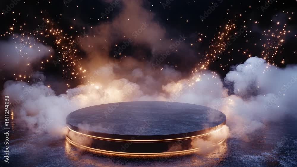 Poster stage with circular design, illuminated by bright lights, creating an intense, atmospheric setting f