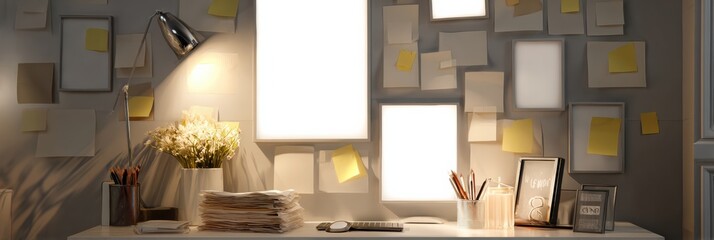 Modern Home Office Workspace With Vision Board and Organized Sticky Notes Provides Inspiration for Productivity