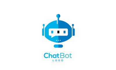 Obraz premium Minimal robot head inside a blue circle, featuring a speech bubble element. Chatbot logo concept for virtual assistant or customer support. Minimal vector design of a cute support bot