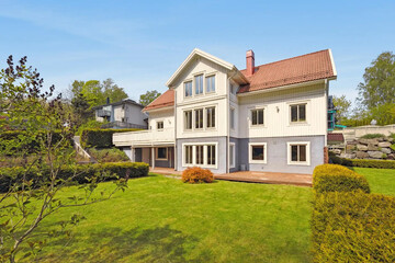 Modern luxury villa exterior in minimal scandinavian style, 3d render