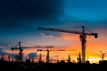 A construction site with cranes against a blue sky at sunset