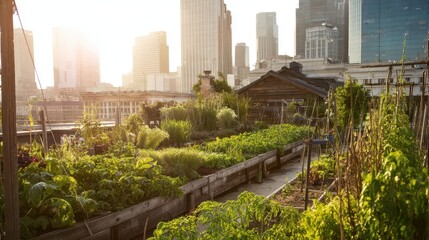 Fototapeta premium Urban rooftop garden amidst city skyscrapers.