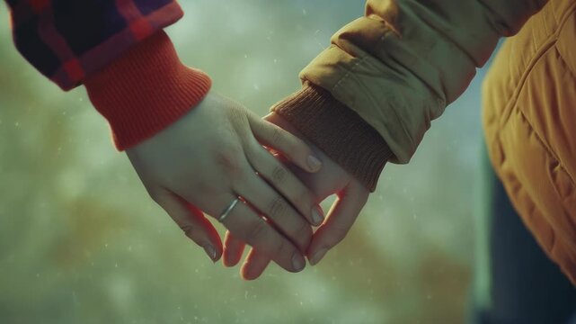 A couple embracing and holding hands in the snow. They are wearing warm winter clothing and boots, suggesting they're prepared for the cold weather despite their love being a highlight of this season.