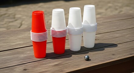 Vibrant Stacked Cups and a Metal Ball Set for a Sunny Outdoor Game on a Wooden Bench