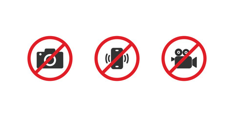 Set of prohibition icons. Warning signs, including  no phone, no camera, no camcorder. 