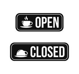 Open and closed coffee shop sign with ceramic coffee cup with warm steam. For icon, logo, label, seal, tag, symbol, badge, stamp, sticker, emblem, banner, badges, labels, poster. Vector Illustration