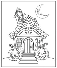 Halloween Haunted House with Jack-o’-Lanterns and Crescent Moon Coloring Page for Kids and Holiday Fun