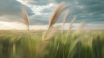 Obraz premium Tall grass field swaying in soft wind under cloudy skies, motion blur on tips