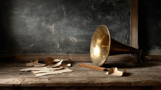 Vintage megaphone placed on a wooden surface before an empty chalkboard, representing retro communication.