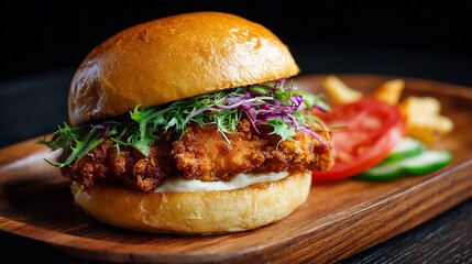 Delicious Crispy Chicken Sandwich on a Wooden Plate with Fresh Garnish