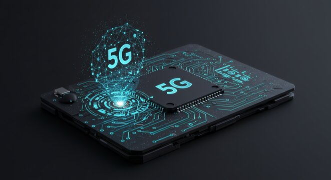 Smartphone with 5g Chip and Holographic 5g Signal in Futuristic Digital Style - Powered by Adobe