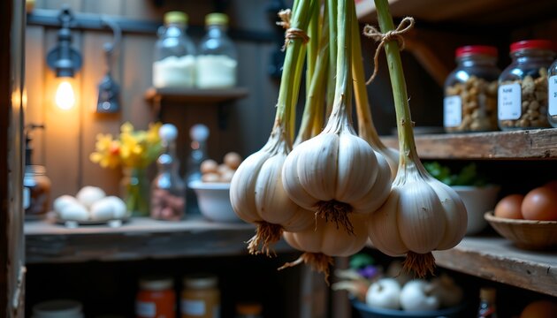 fresh garlic bulbs hanging from hooks in what appears to be a kitchen or grocery store setting