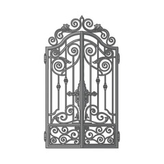 A vintage illustration of a decorative wrought iron gate. Features ornate scrollwork and classic blacksmith craftsmanship, isolated design.