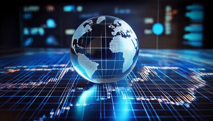 rotating glass globe on a digital surface displaying global market data and financial trends emphasizing international trade connections