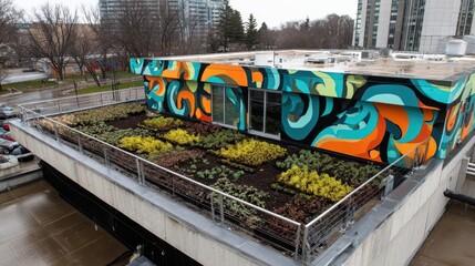 Colorful mural adorns a rooftop garden.