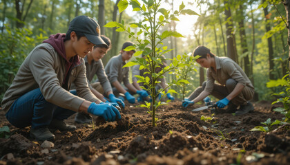 Community tree planting event local park volunteer activity forest environment ground level view environmental awareness