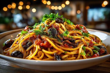 Glossy spaghetti alla puttanesca with olives and anchovies on rustic wooden table