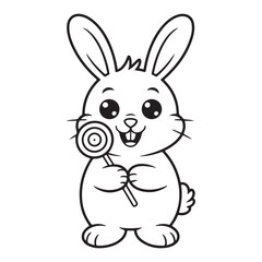 Cartoon bunny holding a lollipop in black and white outline