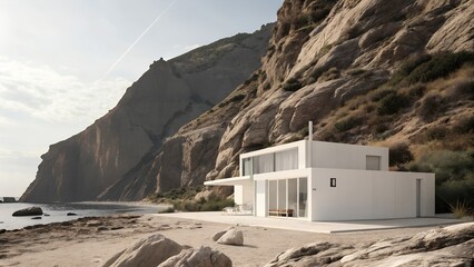 Minimalist White House nestled into a Rocky Cliffside.