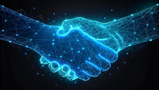 Modern Digital Handshake Blue Glowing Lines and Energy.