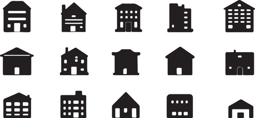 Black Silhouette Icons of Houses and Buildings Architecture