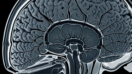 A detailed MRI scan of the human brain, showcasing the intricate structure and folds of the cerebrum.