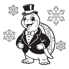 Turtle in tuxedo with snowflakes black and white outline