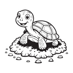 Cartoon turtle smiling on a mound black and white outline