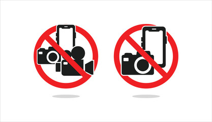 Set of no Photographing prohibition sign symbol icon. Video, photo, phone, prohibited logo pictogram. Vector illustration. Isolated on white background.