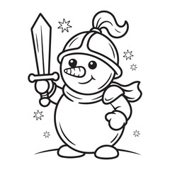 Snowman knight with sword coloring page winter illustration