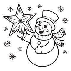 Snowman holding a star with snowflakes black and white art