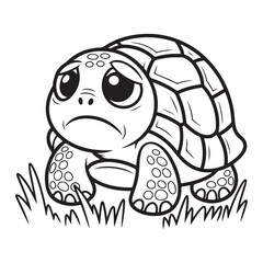 Cartoon turtle with sad expression in black and white line art