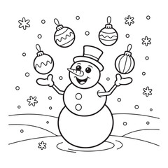 A snowman juggling christmas ornaments in black and white