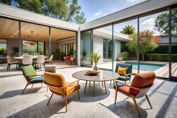 Fototapeta premium Modern patio with swimming pool and outdoor furniture
