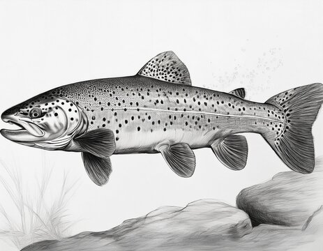 a sketch of black and white trout for use in nature and art projects
