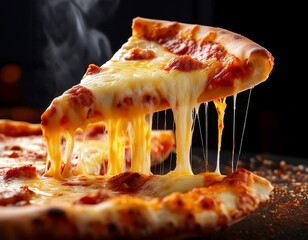 a cheesy pizza slice being lifted with gooey melted cheese stretching between slices