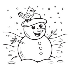Snowman with bird on hat in winter coloring page outline
