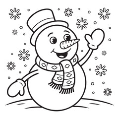 Cartoon snowman waving with snowflakes in black and white