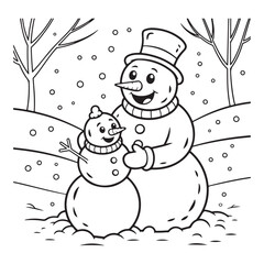 Two snowmen in a snowy landscape coloring page illustration