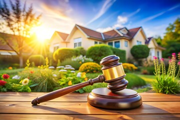 Gavel and sound block in front of a house at sunset