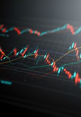 Color lines showing stock market fluctuation on a financial bar chart. Data growth visualization for business investment.