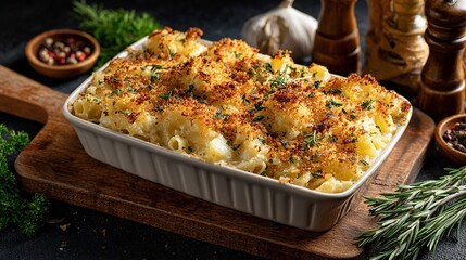 Delicious baked macaroni and cheese with toasted breadcrumbs and fresh herbs