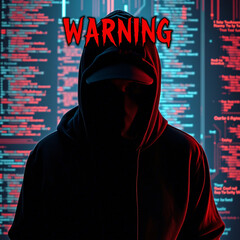 Hacker in Hood with Hidden Face, Digital Code Background, Warning Text, Cybersecurity or Cybercrime Concept