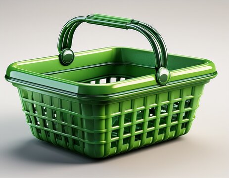 green 3d shopping basket with metal handles isolated on a white background