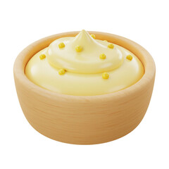 A creamy yellow sauce in a wooden bowl is decorated with small golden spheres creating an appealing and appetizing visual.