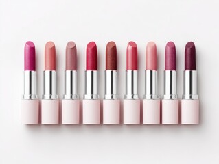 Obraz premium Row of various shades of lipstick in light pink cases