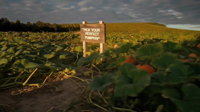 Pumpkin Patch Featuring Wooden Sign at Dusk in Autumn Field