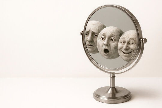 Reflection of different emotions on the surface of the moon in a mirror. Space for text.